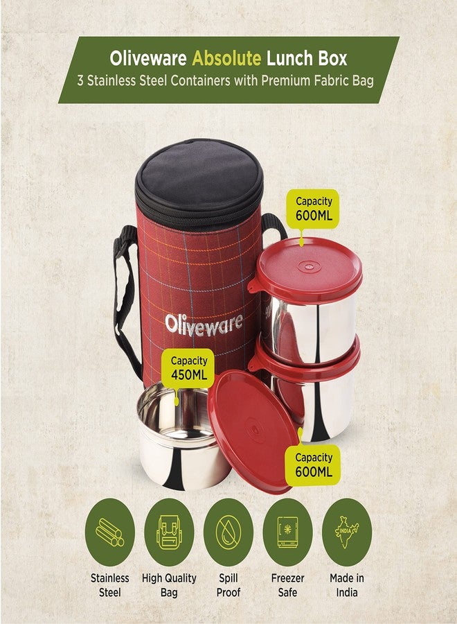 SOPL-OLIVEWARE علبة غداء SOPL-OLIVEWARE Absolute، مانعة للتسرب بنسبة 100%، 3 حاويات من الفولاذ المقاوم للصدأ مع أغطية خالية من مادة BPA (2 × 600 مل و 450 مل)، حقيبة قماشية (حمراء) - Image 2